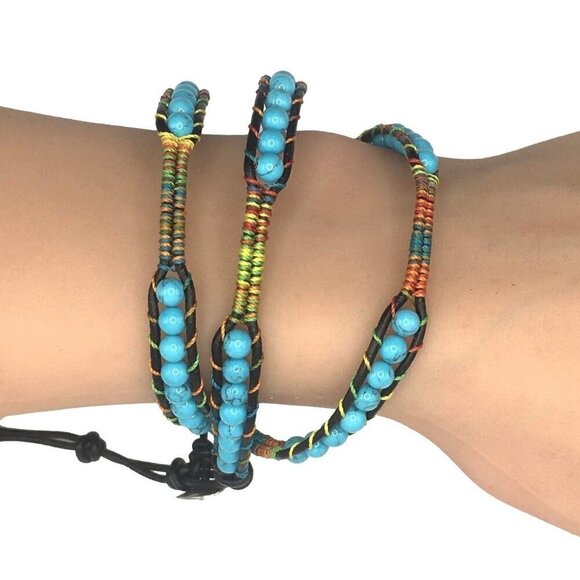 Wrap Bracelet Blue Black Beaded Boho Style Adjustable Length - Picture 2 of 2